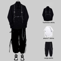 HOUZHOU Techwear męskie zestawy Punk czarne spodnie Cargo koszula męska zestaw koszule z długim rękawem w koreańskim stylu moda uliczna Hip Hop wiosna Harajuku 1